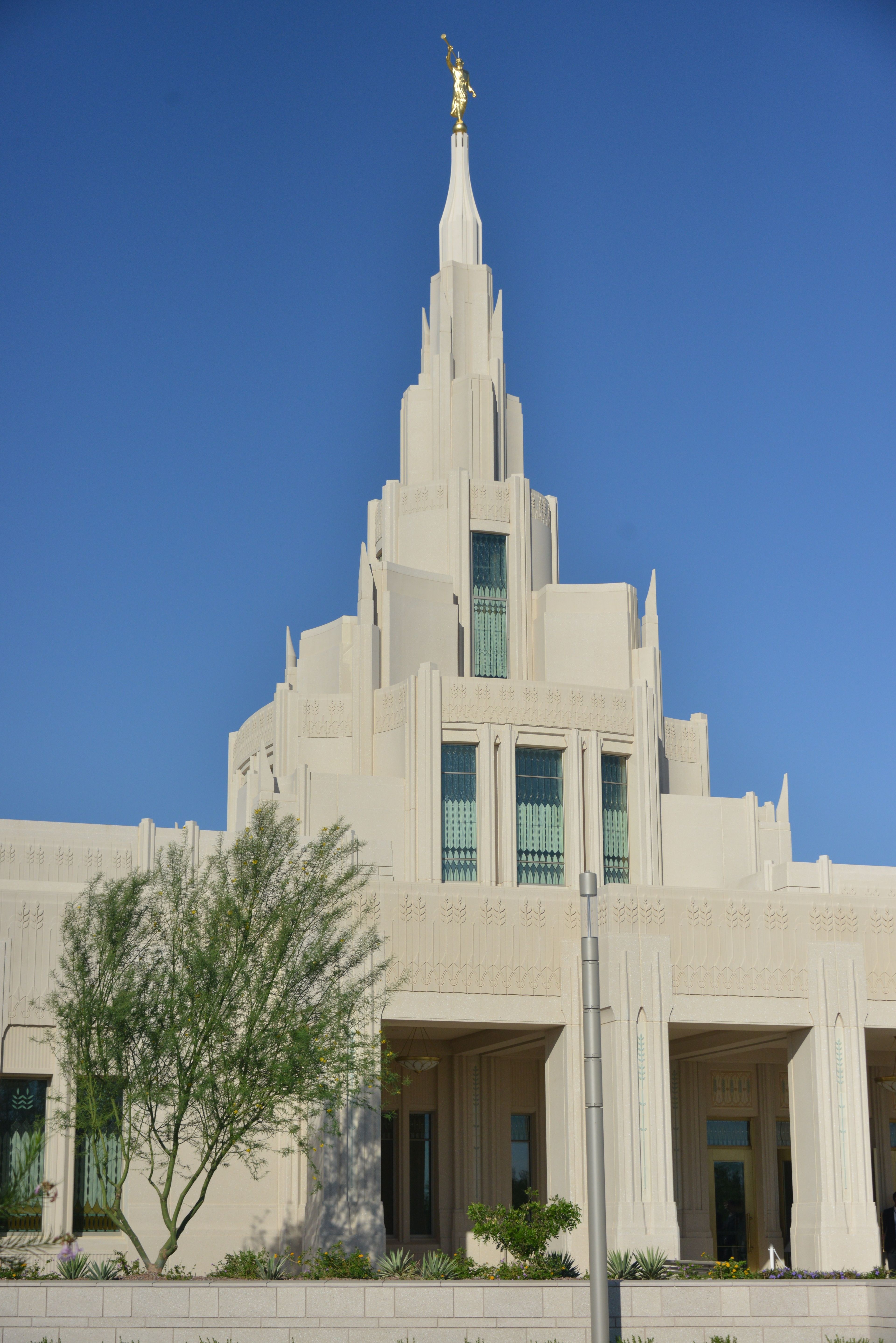 A view of the Phoenix Arizona Temple entrance and spire.