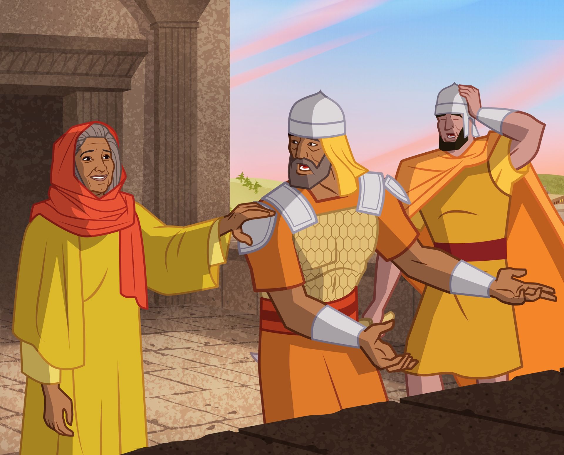 Ilustración de Débora hablando con unos soldados. 
Jueces 4:3, 7