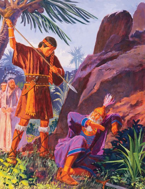 A painting by Jerry Harston depicting Ammon standing and holding a spear over a Lamanite king, who is shielding himself.