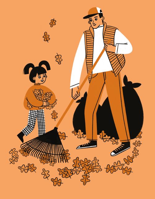 Мужчина и девочка сгребают листья