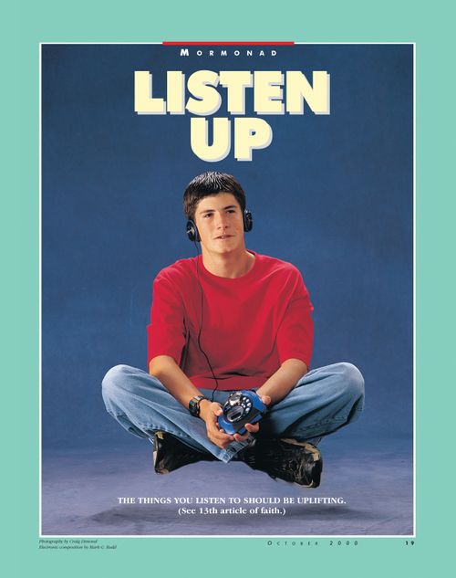 A conceptual photograph of a young man levitating off of the ground while listening to music, paired with the words “Listen Up.”