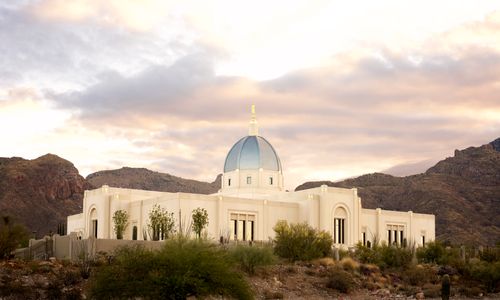 A photograph of the Tucson Arizona Temple in the evening.