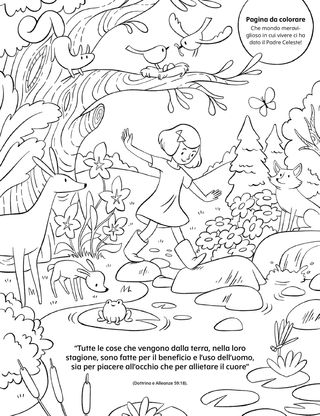 a coloring page of a girl walking through a forest scene