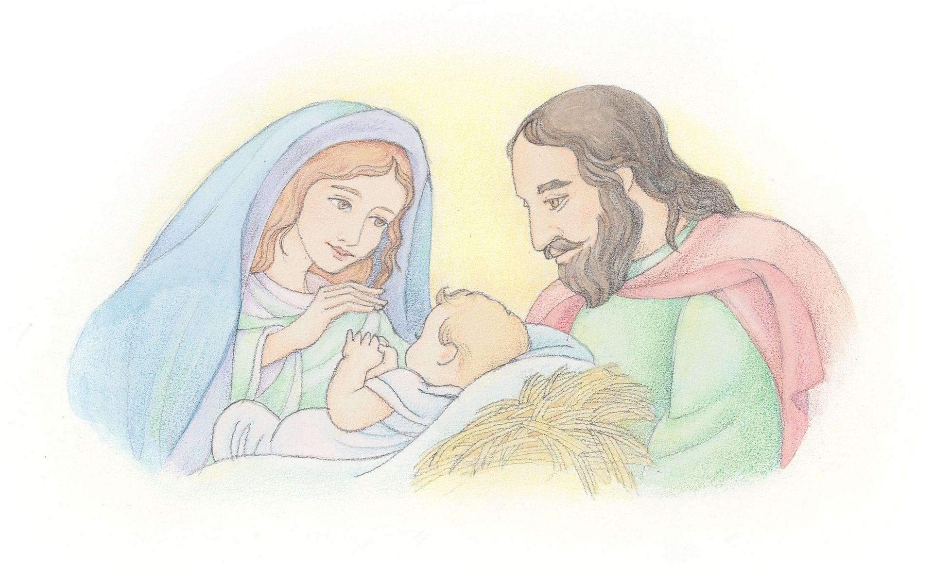 Mary and Joseph standing over baby Jesus. From the Children’s Songbook, page 46, “Who Is the Child?”; watercolor illustration by Phyllis Luch.