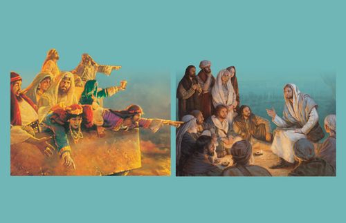 vlevo, lidé se posmívají a ukazují prstem; vpravo, lidé poslouchají Ježíše, který je učí