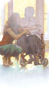 Illustration depicting a woman talking to an elderly woman in a wheelchair.