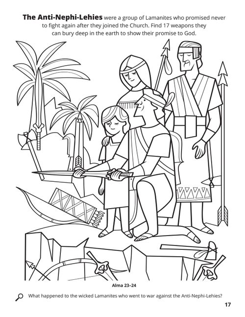 A line drawing of the Anti-Nephi-Lehies burying their weapons to keep their promise to God with a weapon seek and find activity.
