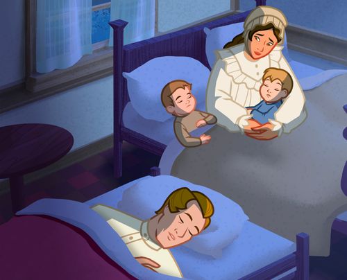 Emma caring for the children while Joseph sleeps.