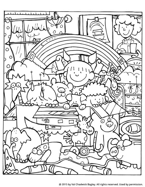 A black-and-white drawing of three children in their room playing Noah and the ark, with stuffed animals, drawings, and other miscellaneous items.