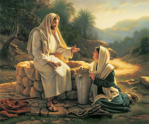 Christ in white robes, sitting on the edge of a stone well, talking to a woman who sits on the ground next to a water jug, listening to His words.