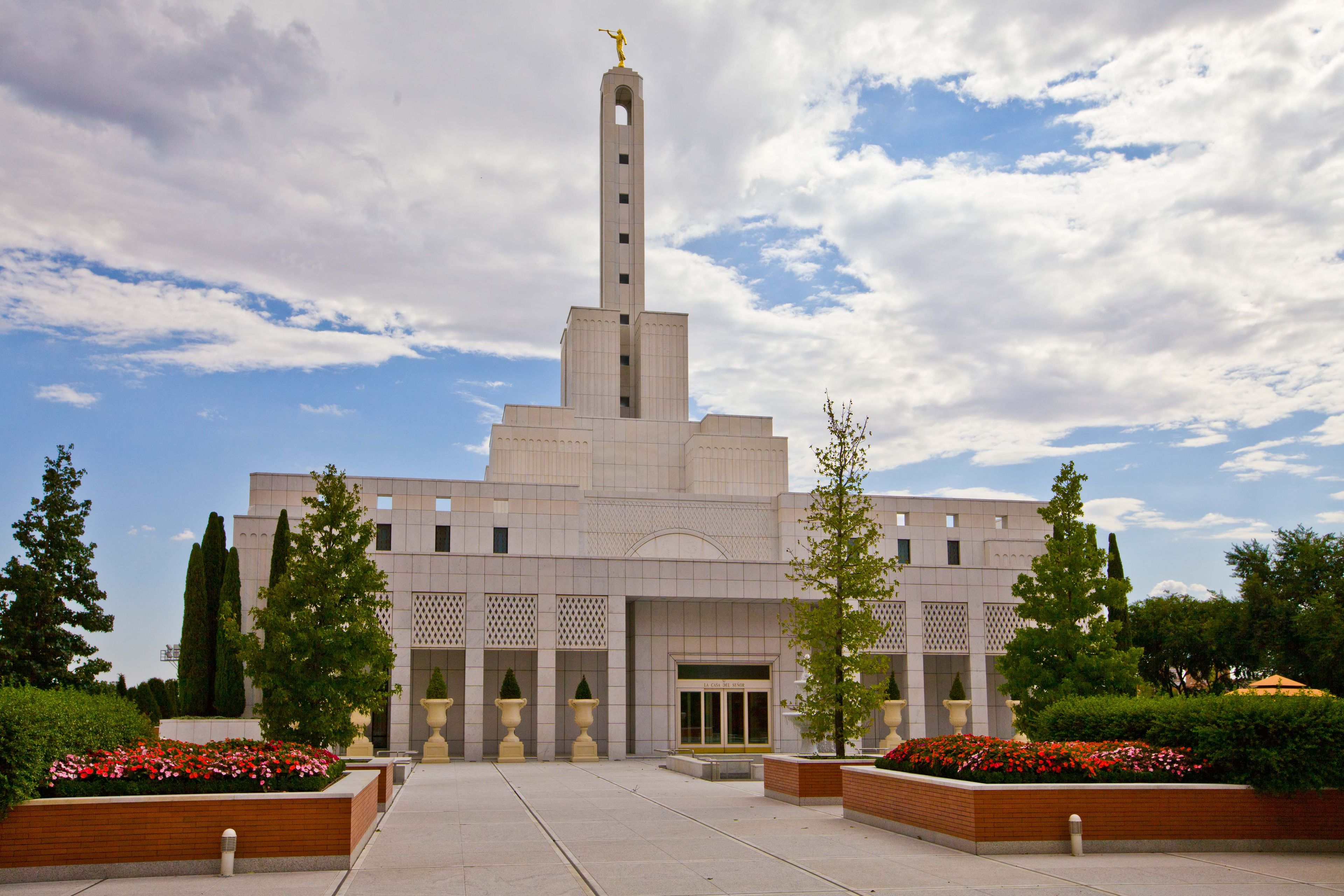 The Madrid Spain Temple entrance, including scenery.