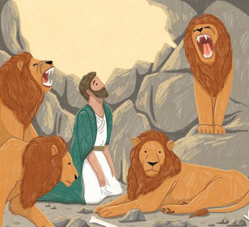 Illustration of Daniel kneeling in the Lion's Den.