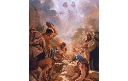 This painting depicts the stonong of Stephen as described in Acts 7:54-60. From a reclining position Stephen acknowledges through gesture the presence of the Father and the Son who stand in white at the top of the painting in the opened heavens. Those stoning Stephen do so with hatred and gross violence. Saul holds the garments of two of them. Two priests with indifferent looks stand to the right. The painting is signed, “Walter Rane.”