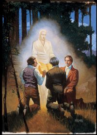 Joseph Smith and two of the Three Witnesses kneel in the forest while an angel stands before them holding the opened gold plates.