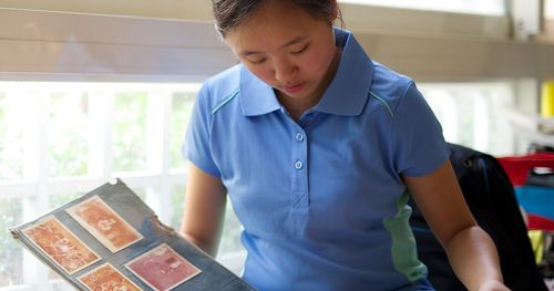 Eine junge Frau aus Taiwan schaut sich alte Fotos an