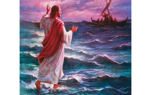Jesus Christ depicted walking on the sea of Galilee toward a small fishing boat. The Apostles are in the fishing boat and are watching Christ walk toward them. There are storm clouds in the sky.