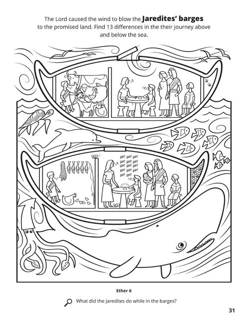 A line drawing of the Jaredites traveling across the sea in their bowl-shaped barges with ocean life surrounding them.