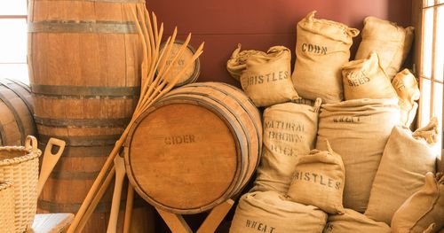 barrels and sacks of food