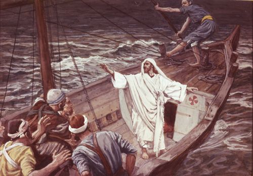 Jesus Christ and His disciples on board a ship on the sea of Galilee. The ship is being tossed by a severe storm. The frightened disciples are looking at Christ. Christ has one arm extended as He commands the storm to cease and the sea to be calm again. (Matthew 8:23-27, Mark 4: 35-41, Luke 8:22-25)
