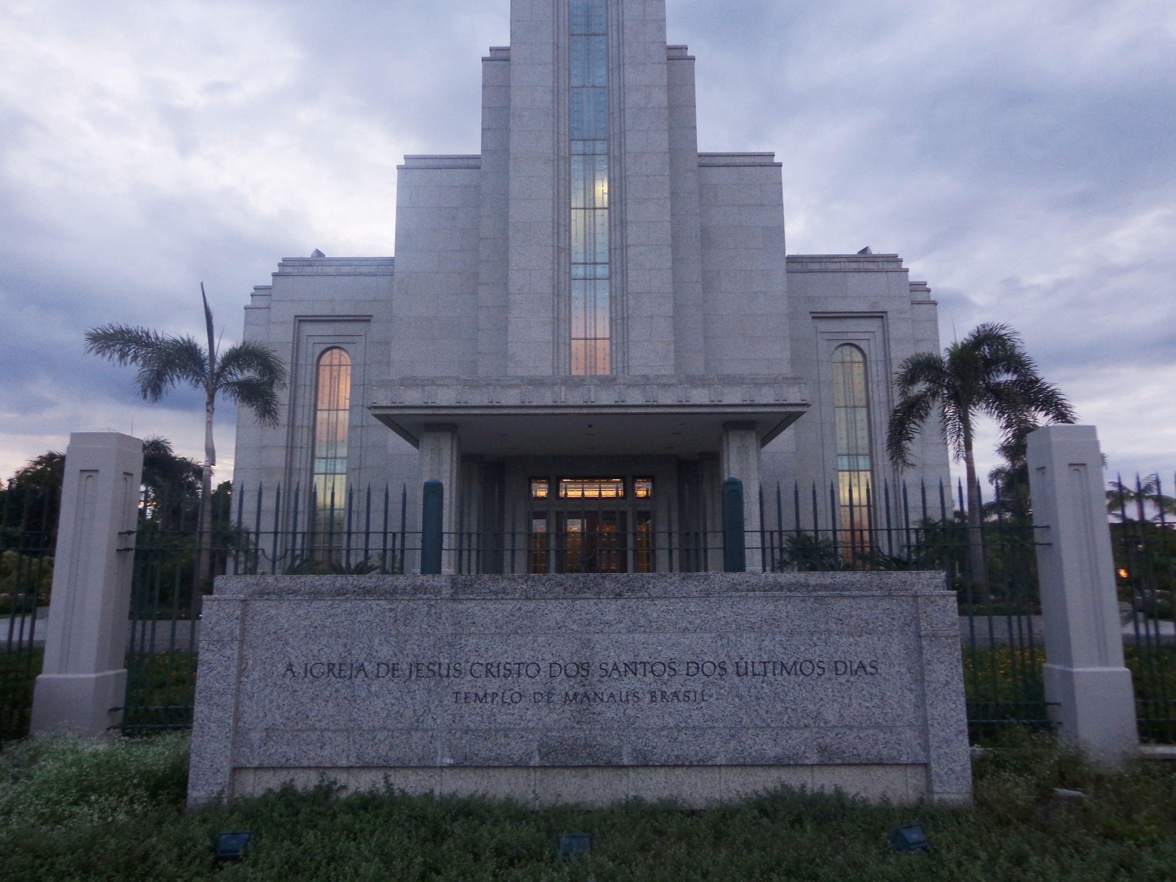 The Manaus Brazil Temple name sign, including the entrance and exterior of the temple.