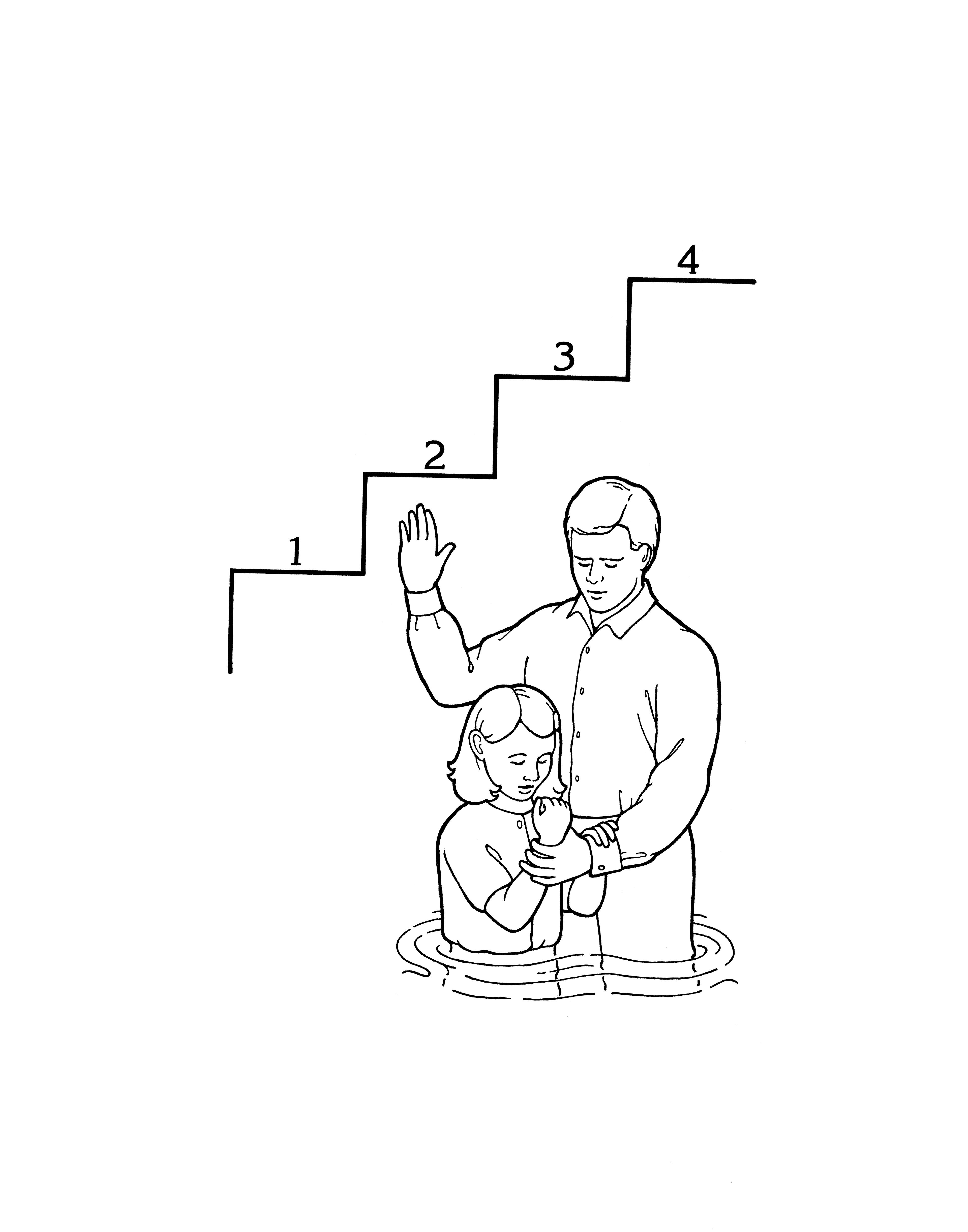 An illustration of the fourth article of faith—“Principles and Ordinances” (a father baptizing his daughter).