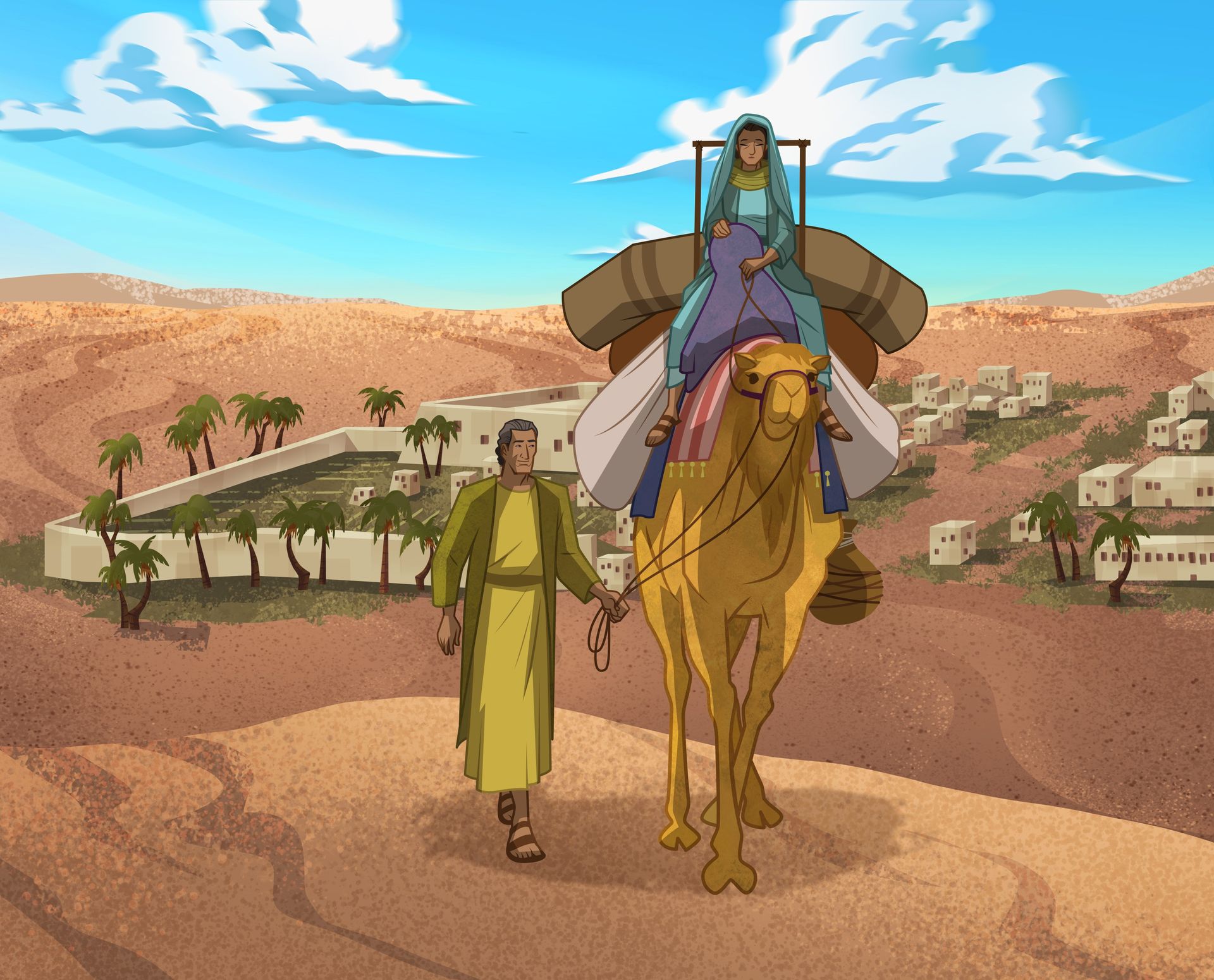 插圖：亞伯拉罕和撒拉騎著駱駝上路。 
創世記12：1-3；亞伯拉罕書2：2-4