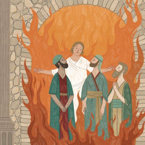 Shadrach, Meshach and Abednego are in the fiery furnace with the Angel of the Lord.