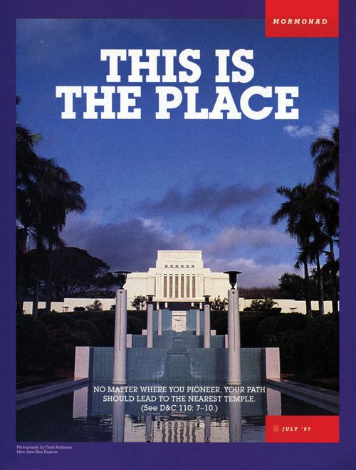 A poster of the Laie Hawaii Temple at night, paired with the words “This Is the Place.”