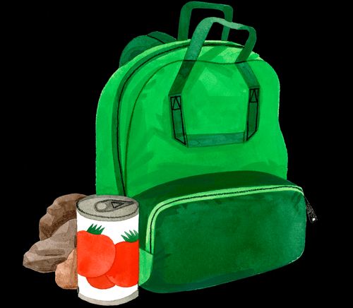 A backpack with a can of vegetables and some rocks