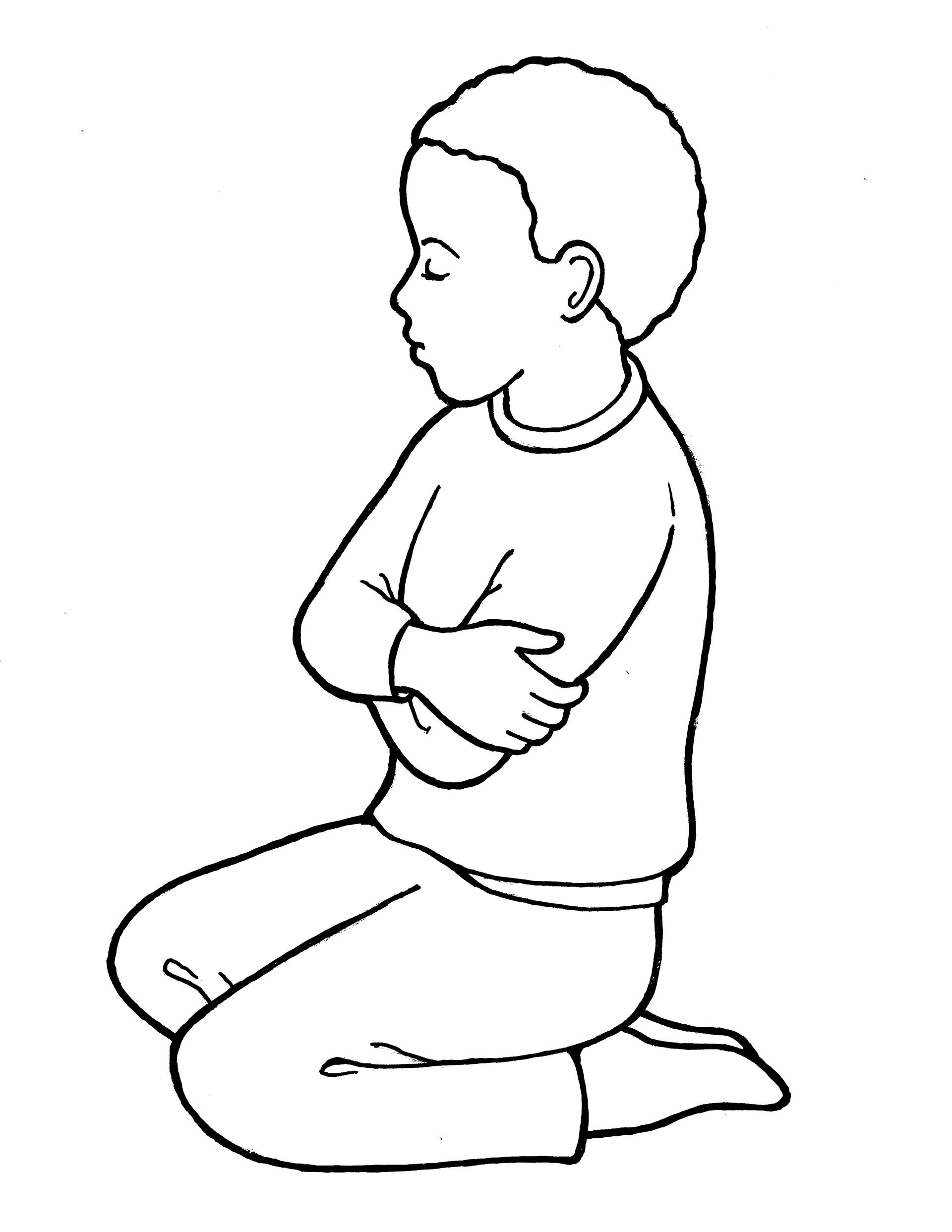 An illustration of a young boy kneeling in prayer, from the nursery manual Behold Your Little Ones (2008), page 19.