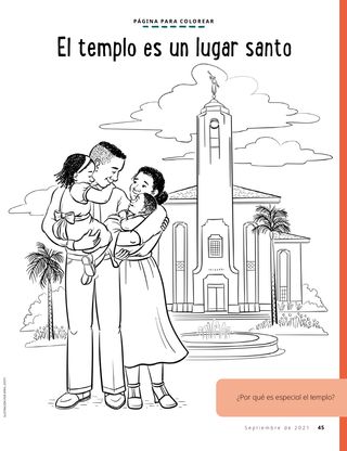 coloring page of family standing outside temple