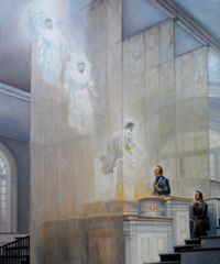 artwork by Gary E. Smith, depicting Moses, Elias, and Elijah appearing in the Kirtland Temple