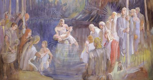 Alma baptizing people at the Waters of Mormon