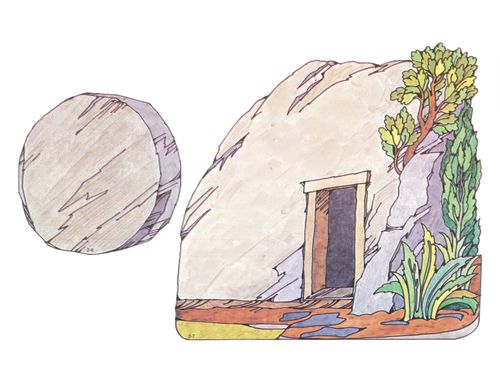 Primary cutouts of a tomb with an open door near green brush and a large stone that is used to cover the tomb’s door.