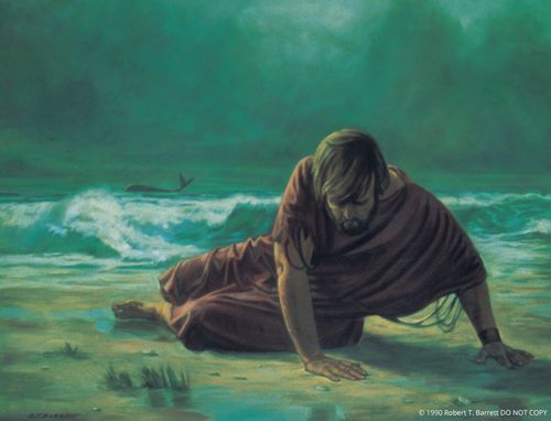 A painting by Robert T. Barrett showing Jonah in a ragged red robe lying on a beach with the silhouette of a whale seen in the distance.