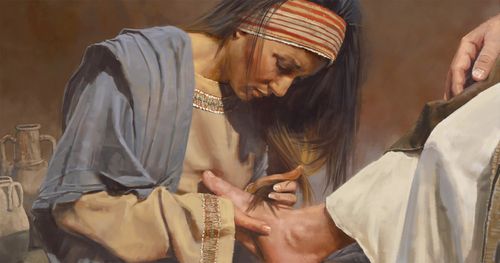 Ilustración de una mujer limpiando los pies de Jesús