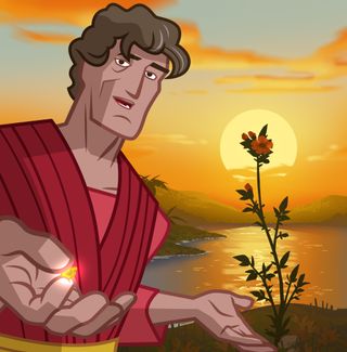 Alma holds a small seed and points at a tall and beautiful flower with his other hand