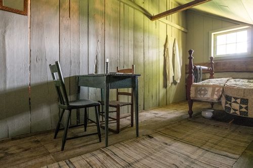 upstairs room in reconstructed Peter Whitmer Sr. home, Fayette, New York