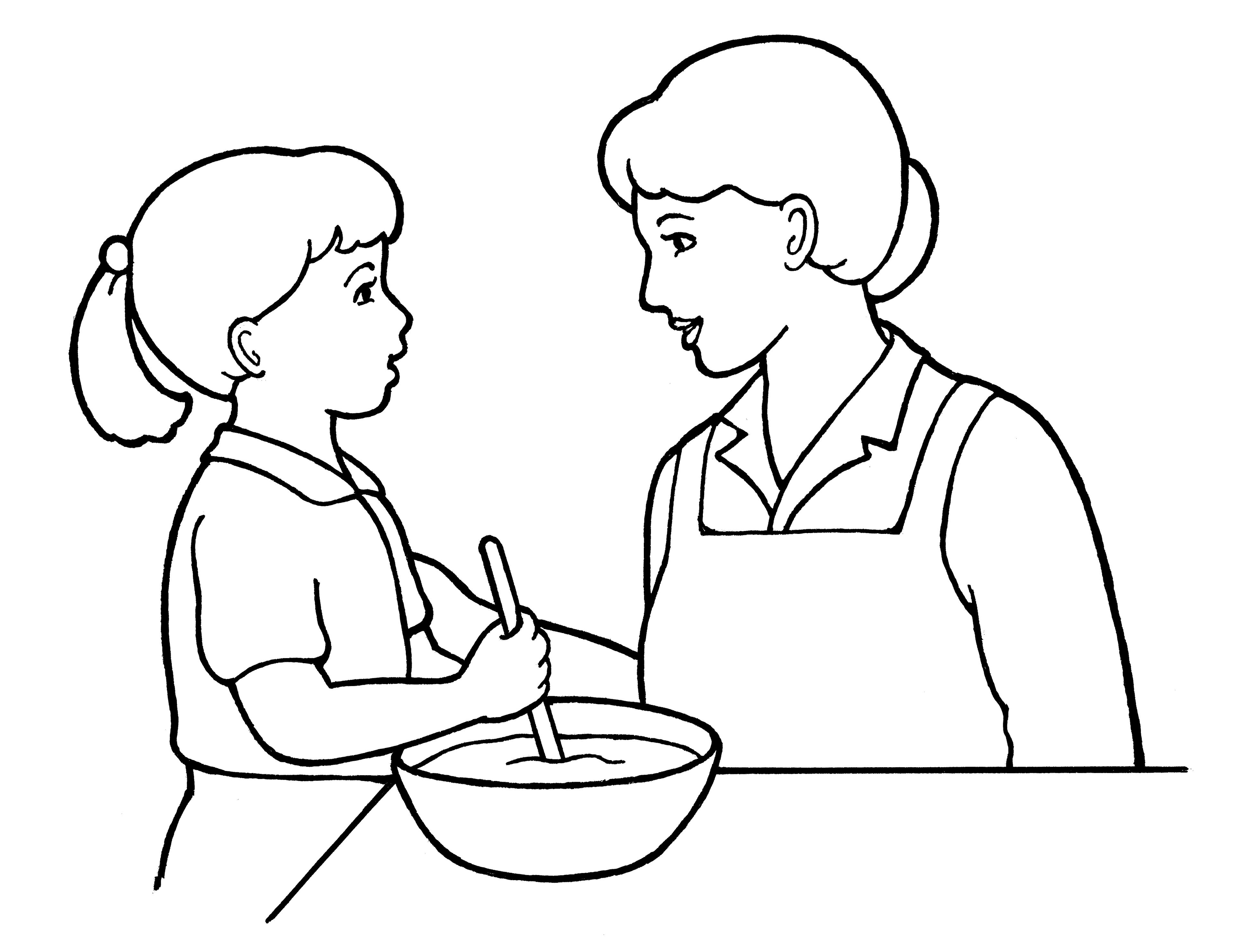 A line drawing of a woman and a little girl working in the kitchen, from the nursery manual Behold Your Little Ones (2008), page 31.