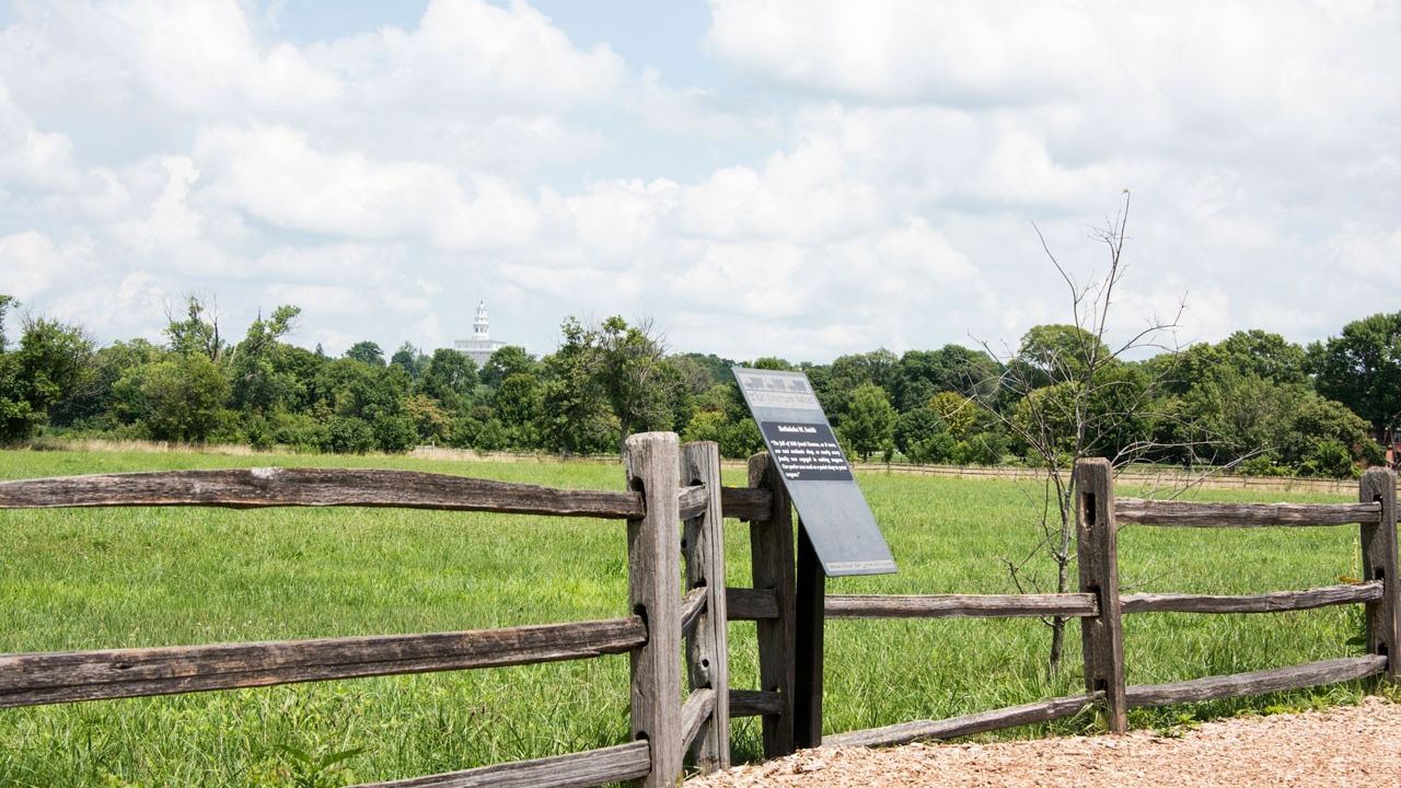 A woodchip-covered path along a wooden fence with an interpretive wayside sign in the middle.