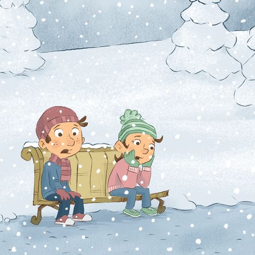 เด็กหญิงและเด็กชายนั่งอยู่บนม้านั่งนอกบ้านในช่วงฤดูหนาว