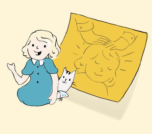 Smiling girl with a cat in front of drawing of herself receiving a blessing