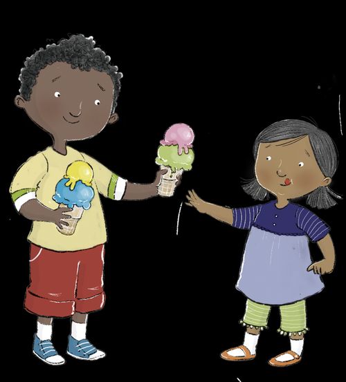 Boy sharing ice cream cone with a little girl