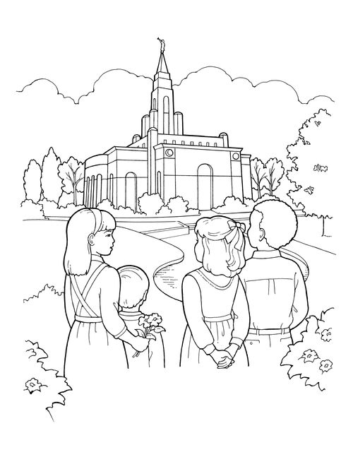 A black-and-white illustration of four children standing together outside of a temple, which is surrounded by plants and trees.
