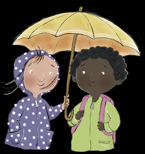 Two children sharing an umbrella