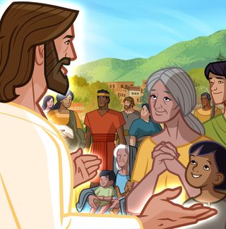 Jesus Christ talks to the people, and they smile at Him