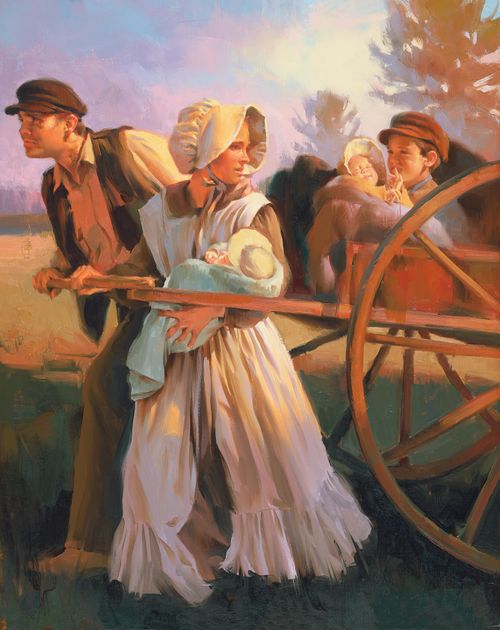 A painting by Sam Lawlor depicting a pioneer family traveling by handcart, with several children sitting in the handcart being pulled by their parents.