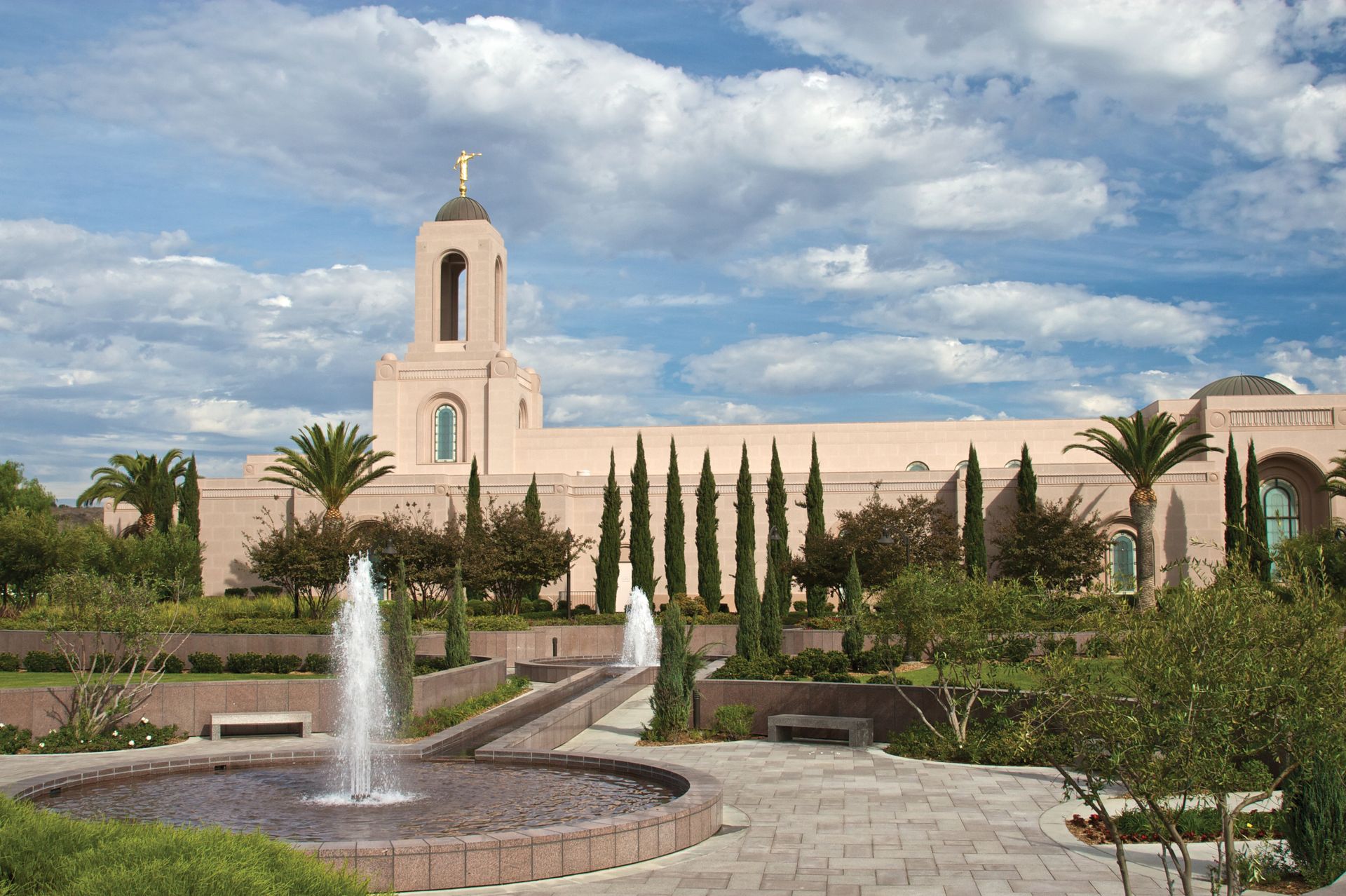The Newport Beach California Temple, including fountains and scenery.