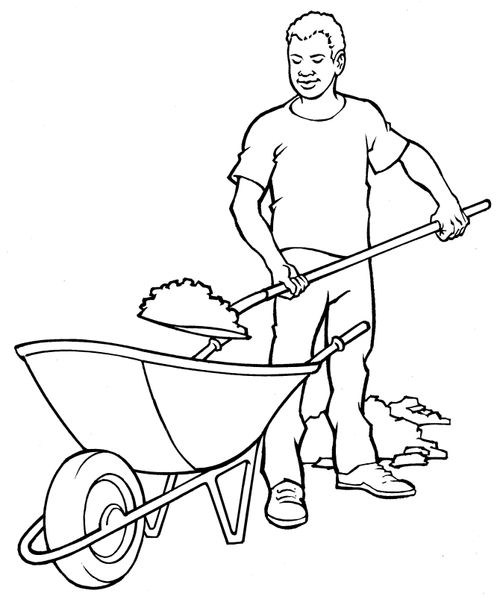 boy shoveling dirt into wheelbarrow