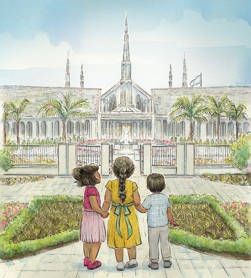 three children holding hands and standing outside temple